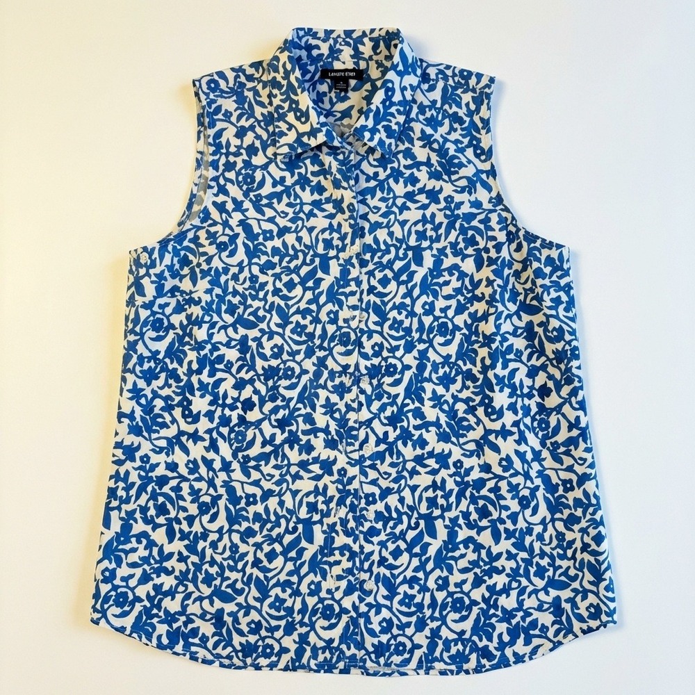 Lands' End Blue and White Floral Sleeveless Button-Down Shirt